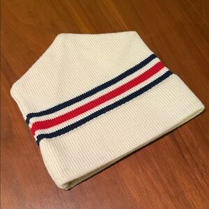 Stylish White Wool Beanie with Red and Blue Stripes